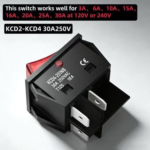 WELCAPAC- 30A 250V/120V KCD4 Rocker Switch DPST 4 Pin Red Lighted, ON/Off Power Switch Heavy Duty (4-Pack) in Kuwait