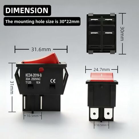 WELCAPAC- 30A 250V/120V KCD4 Rocker Switch DPST 4 Pin Red Lighted, ON/Off Power Switch Heavy Duty (4-Pack) in Kuwait