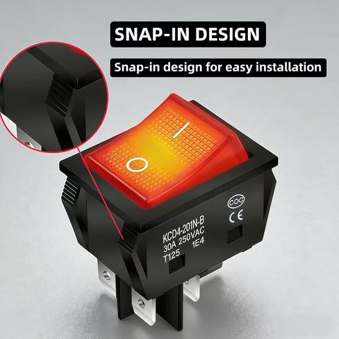 WELCAPAC- 30A 250V/120V KCD4 Rocker Switch DPST 4 Pin Red Lighted, ON/Off Power Switch Heavy Duty (4-Pack) in Kuwait