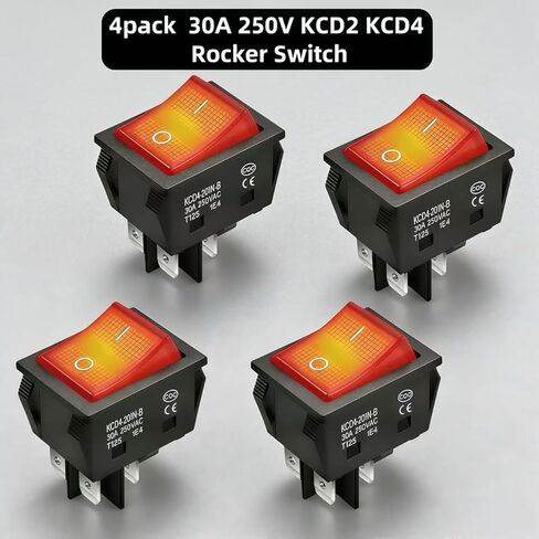 WELCAPAC- 30A 250V/120V KCD4 Rocker Switch DPST 4 Pin Red Lighted, ON/Off Power Switch Heavy Duty (4-Pack) in Kuwait