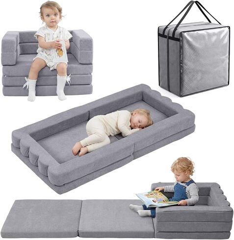 سرير السفر الصغير المحمول | 3 في 1 سرير أريكة قابلة للتحويل قابلة للمكوّلة متسكبة أرضية عالية الكثافة للأطفال ، نابمات قابلة للطي مع حقيبة يد مقاومة للماء ، كرسي أريكة قابلة للطي للتخييم والداخلية والخارجية والرمادية in Kuwait