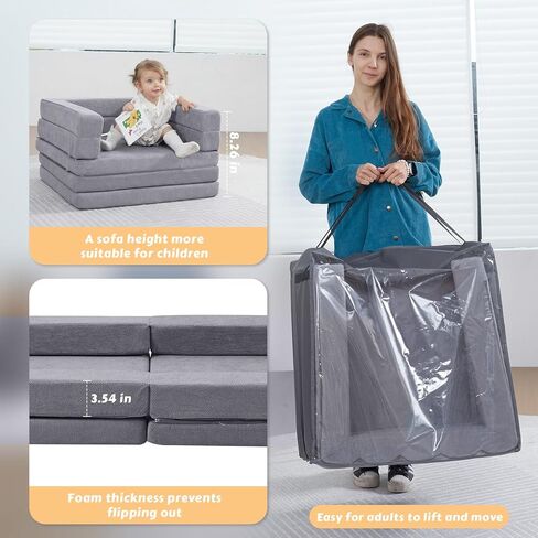 سرير السفر الصغير المحمول | 3 في 1 سرير أريكة قابلة للتحويل قابلة للمكوّلة متسكبة أرضية عالية الكثافة للأطفال ، نابمات قابلة للطي مع حقيبة يد مقاومة للماء ، كرسي أريكة قابلة للطي للتخييم والداخلية والخارجية والرمادية in Kuwait