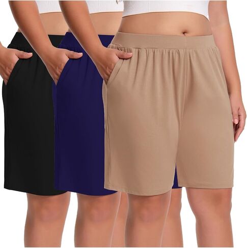 3 حزمة نساء زائد الحجم شورت برمودا عالية الخصر غير رسمي الساق الواسعة الصيف غير الرسمية مع جيوب in Kuwait