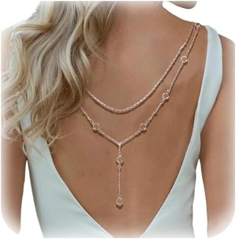 Crystal Bead Layered Back Chain Sexy Backless Rhinestone Necklace Body Jewelry for Women Bridal Wedding Backdrop Dress Accessories for Women in Kuwait