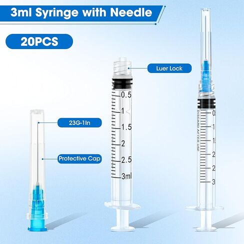 20 حزمة من المحاقن 3 مل بإبرة 23Ga 1 بوصة، حقنة قفل Luer 3cc للاستعمال مرة واحدة للمختبرات العلمية، مغلفة بشكل فردي، صندوق مكون من 20 قطعة in Kuwait