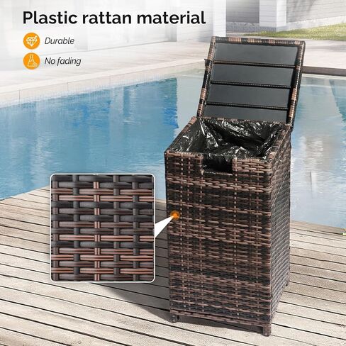 VINGLI 33 Gallon Outdoor Trash Can with Convenient Lid, Rattan Garbage Container with Side Hook, Weatherproof Patio Trash Can for Graden, Yard, Patio, Brown in Saudi Arabia