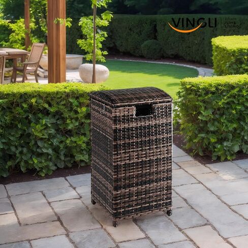VINGLI 33 Gallon Outdoor Trash Can with Convenient Lid, Rattan Garbage Container with Side Hook, Weatherproof Patio Trash Can for Graden, Yard, Patio, Brown in Saudi Arabia