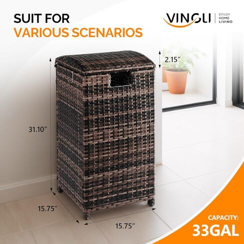 VINGLI 33 Gallon Outdoor Trash Can with Convenient Lid, Rattan Garbage Container with Side Hook, Weatherproof Patio Trash Can for Graden, Yard, Patio, Brown in Saudi Arabia