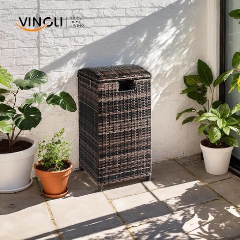 VINGLI 33 Gallon Outdoor Trash Can with Convenient Lid, Rattan Garbage Container with Side Hook, Weatherproof Patio Trash Can for Graden, Yard, Patio, Brown in Saudi Arabia