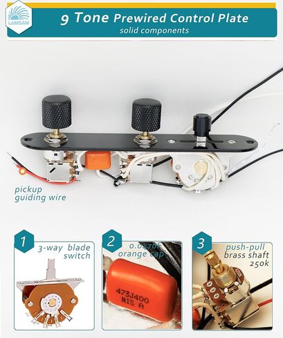 Prewired Harness Kit for Telecaster Tele Guitars, Loaded 9-Tone Series Parallel Wiring Control Plate, 250K Push Pull Potentiometers, 3-Way Pickup Blade Switch, .047uF Capacitor, Knurled Metal Knobs in Kuwait