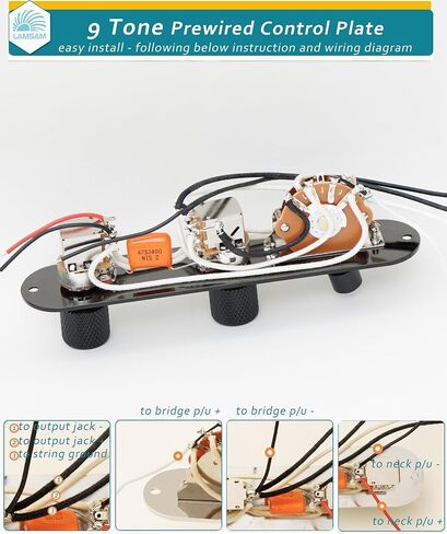 Prewired Harness Kit for Telecaster Tele Guitars, Loaded 9-Tone Series Parallel Wiring Control Plate, 250K Push Pull Potentiometers, 3-Way Pickup Blade Switch, .047uF Capacitor, Knurled Metal Knobs in Kuwait