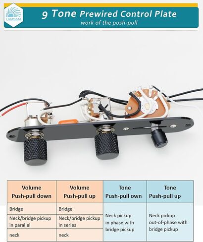 Prewired Harness Kit for Telecaster Tele Guitars, Loaded 9-Tone Series Parallel Wiring Control Plate, 250K Push Pull Potentiometers, 3-Way Pickup Blade Switch, .047uF Capacitor, Knurled Metal Knobs in Kuwait