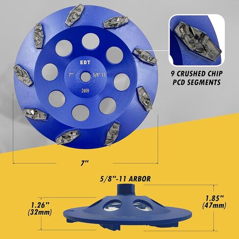 7" PCD Grinding Wheel for Epoxy, Glue, Mastic and Paint, 9 Crushed Chip PCD Segments, 5/8"-11 Threaded Arbor in Saudi Arabia