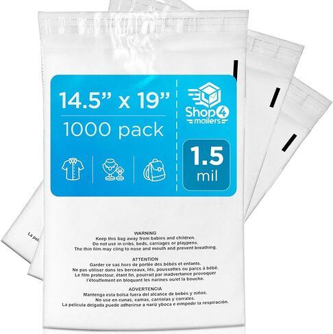 Shop4Mailers حقيبة بولي شفافة مقاس 14.5 × 19 مع تحذير من الاختناق - لاصق ذاتي الغلق، حقيبة شفافة سعة 1.5 مل من أجل FBA، وحقائب التغليف، وتخزين الملابس، وحقائب الشحن - أكياس بريد بولي قابلة للإغلاق (عبوة من 100 قطعة) in Saudi Arabia