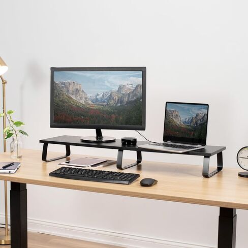 VIVO 39 inch Extra Long Monitor Stand, Wood & Steel Desktop Riser, Dual Screen, TV, Keyboard, Laptop, Ergonomic Desk and Tabletop Organizer, Black, STAND-V000DL in Kuwait