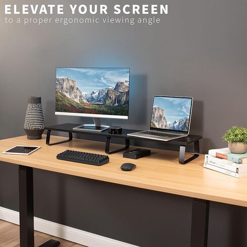 VIVO 39 inch Extra Long Monitor Stand, Wood & Steel Desktop Riser, Dual Screen, TV, Keyboard, Laptop, Ergonomic Desk and Tabletop Organizer, Black, STAND-V000DL in Kuwait
