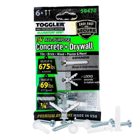 TOGGLER Alligator AF6 Flanged Polypropylene Anchors, Heavy Duty Wall Anchors for Concrete, Brick, Stone & Drywall, Fits #6–#12, 1/4" Size, 69 lb in 1/2" Drywall (Pack of 6 with Scews) in Saudi Arabia