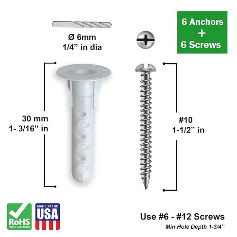 TOGGLER Alligator AF6 Flanged Polypropylene Anchors, Heavy Duty Wall Anchors for Concrete, Brick, Stone & Drywall, Fits #6–#12, 1/4" Size, 69 lb in 1/2" Drywall (Pack of 6 with Scews) in Saudi Arabia