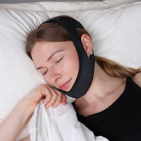 حزام الذقن لمستخدمي Cpap - حزام ذقن قابل للتعديل للشخير، قناع الوجه ضمادة تبقي الفم مغلقًا - نوم مريح صديق للبشرة للرجال والنساء (أسود) in Kuwait