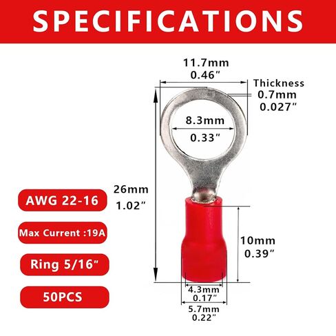 50 قطعة 5/16 بوصة (M8) أطراف حلقية معزولة باللون الأحمر 22-16 AWG أطراف حلقية من النحاس الأحمر المعلب PVC موصل سلك العيينة المعزولة موصل تجعيد كهربائي لشاحنة القارب وسيارة ستيريو in Kuwait