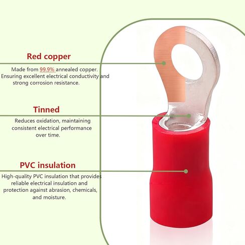 50 قطعة 5/16 بوصة (M8) أطراف حلقية معزولة باللون الأحمر 22-16 AWG أطراف حلقية من النحاس الأحمر المعلب PVC موصل سلك العيينة المعزولة موصل تجعيد كهربائي لشاحنة القارب وسيارة ستيريو in Kuwait