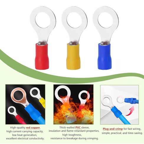 50 قطعة 5/16 بوصة (M8) أطراف حلقية معزولة باللون الأحمر 22-16 AWG أطراف حلقية من النحاس الأحمر المعلب PVC موصل سلك العيينة المعزولة موصل تجعيد كهربائي لشاحنة القارب وسيارة ستيريو in Kuwait