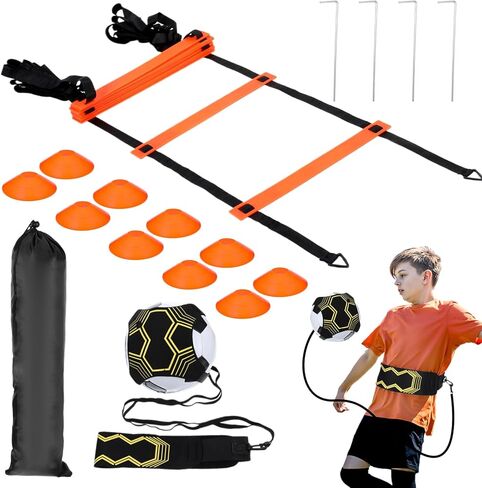 Pro Agility Ladder Soccer Kick Trainer Set 20ft 12 Rung 10 Cones and 4 Stakes Speed Agility Football Training Equipment with Carrying Bag ﻿ in Saudi Arabia