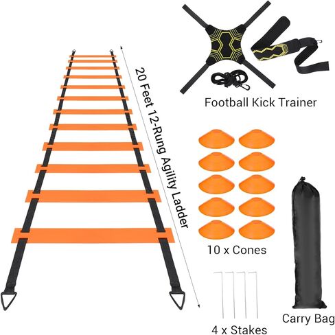 Pro Agility Ladder Soccer Kick Trainer Set 20ft 12 Rung 10 Cones and 4 Stakes Speed Agility Football Training Equipment with Carrying Bag ﻿ in Saudi Arabia