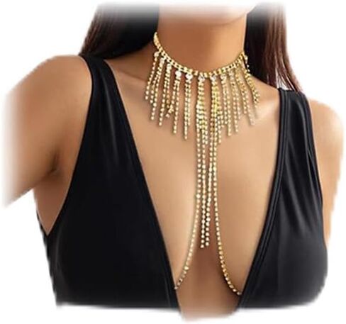 Sexy Rhinestone Non Piercing Nipple Chain Necklace for Women Crystal Tassel Chest Chain Body Jewelry Festival Rave Nipple Accessories Jewelry in Kuwait