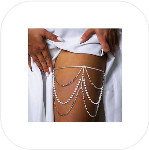 Rhinestone Pearl Leg Chain Jewelry,Elastic Adjustable Crystal Pearl Tassel Leg Thigh Chain Summer Beach Rhinestone Multi-layered Thigh Chain Jewelry for Women in Kuwait