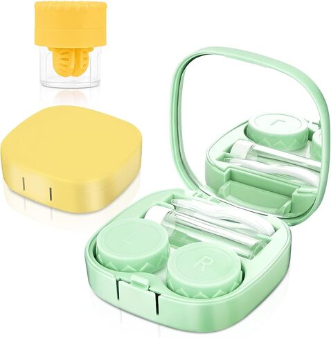 2 Pack Contact Lens Case with Manual Cleaner, Portable Travel Contact Cases Kit with Mirror for Daily & Outdoor Use, Includes Solution Bottle Tweezers Cleaning Tool (Yellow & Green) in Saudi Arabia