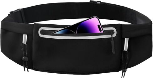 حزام الجري Fanny Pack: حقيبة خصر مكونة من 3 جيوب للرجال والنساء وتمارين اللياقة البدنية وحامل هاتف يناسب جميع الهواتف - حزام سباق الماراثون للركض مع مشبك مريلة (أسود) in Kuwait