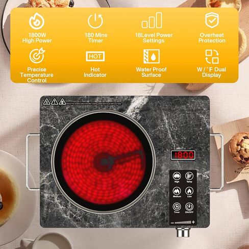 Almania Single Burner Ceramic Cooktop ، موقد كهربائي 1800 واط محمول ، موقد كونترتوب للطهي ، قم بتوصيل طبق المطبخ الساخن ، ودرجة الحرارة القابلة للتعديل. in Saudi Arabia