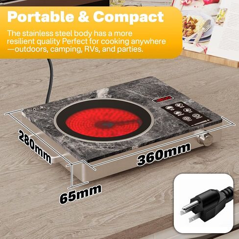 Almania Single Burner Ceramic Cooktop ، موقد كهربائي 1800 واط محمول ، موقد كونترتوب للطهي ، قم بتوصيل طبق المطبخ الساخن ، ودرجة الحرارة القابلة للتعديل. in Saudi Arabia