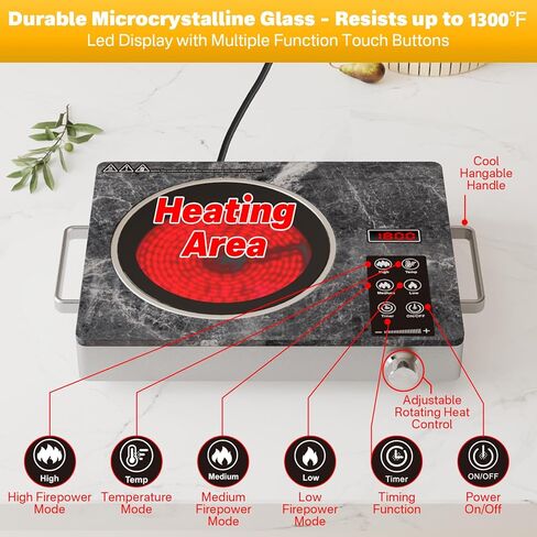Almania Single Burner Ceramic Cooktop ، موقد كهربائي 1800 واط محمول ، موقد كونترتوب للطهي ، قم بتوصيل طبق المطبخ الساخن ، ودرجة الحرارة القابلة للتعديل. in Saudi Arabia