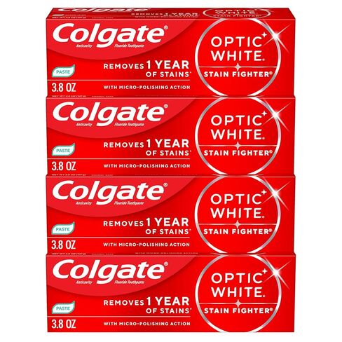 معجون أسنان كولجيت أوبتيك وايت ستين فايتر كلين مينت لتبييض الأسنان، 4 عبوات، معجون أسنان مضاد للتجويف مع الفلورايد، مزيل بقع الأسنان الآمن على المينا، 3.8 أونصة in Kuwait