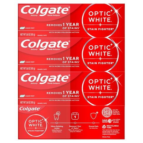 معجون أسنان كولجيت أوبتيك وايت ستين فايتر كلين مينت لتبييض الأسنان، 4 عبوات، معجون أسنان مضاد للتجويف مع الفلورايد، مزيل بقع الأسنان الآمن على المينا، 3.8 أونصة in Kuwait