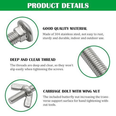 M6 x 35mm Carriage Bolts and Nut Kit,304 Stainless Steel Round Head Square Neck Carriage Bolts and Wing Nuts,Full Thread Coverage Silver(10Set) in Saudi Arabia