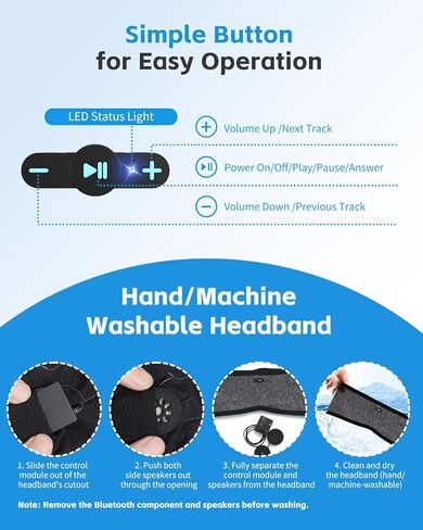 سماعات رأس بلوتوث للنوم مع بلوتوث 6.0، سماعات رأس لاسلكية لمدة 20 ساعة مع مكبرات صوت ستيريو عالية الدقة للنوم الجانبي، عصابة رأس بلوتوث قابلة للفصل والغسل in Kuwait