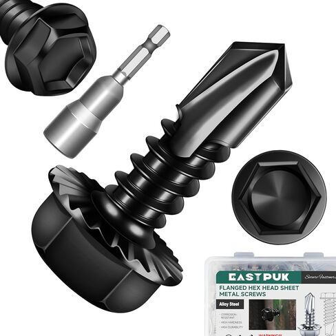 25Pcs #14 x 3/4" Sheet Metal Screws, Black Oxided Serrated Flanged Hex Head Self Drilling Screw, Diamond Point Self Tapping Screws, 410 Stainless Steel Fast Tapping with Socket in Kuwait