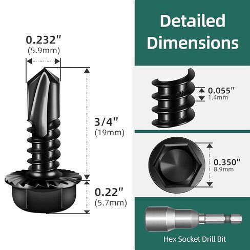 25Pcs #14 x 3/4" Sheet Metal Screws, Black Oxided Serrated Flanged Hex Head Self Drilling Screw, Diamond Point Self Tapping Screws, 410 Stainless Steel Fast Tapping with Socket in Kuwait