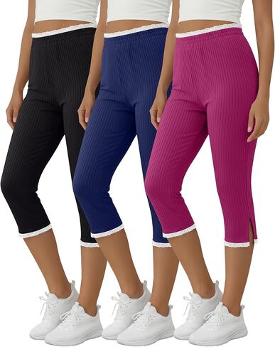 3 Pack Womens Cotton Capri Leggings Ribbed Slim Fit Capris Casual Basic Stretchy Workout Yoga Crop Pants in Saudi Arabia