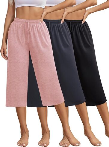 مجموعة من 3 سراويل كابري نسائية كاجوال برباط لليوجا، سراويل بيجامة فضفاضة ناعمة وواسعة الساق مع جيوب in Kuwait