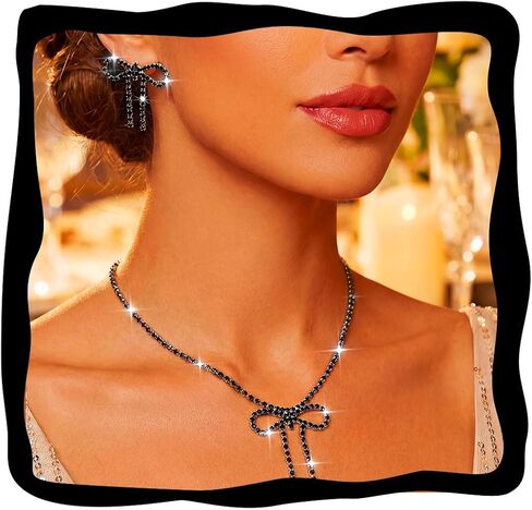 Aukmla Rhinestone Bow Jewelry Set Silver Bowknot Pendant Necklace Earring Sets Prom Wedding Costume Necklaces for Women in Kuwait