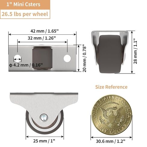 1" Low Profile Fixed Plate Casters, Mini TPR Silent Furniture Wheels, Mounting for Under Bed Storage Drawer, Wooden Cabinet, Sliding Door, 4 Pcs in Saudi Arabia