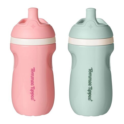 Tommee Tippee Insulated Sporty Bottle, 9oz, No Spill Toddler Water Bottle For 12 months +, Two-Piece Valve Helps Stop Spills, Pack of 2, Light Blue and Orange in Kuwait