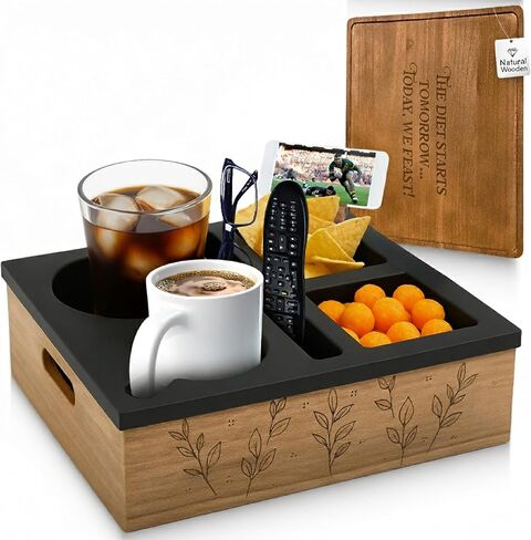 Couch Cup Holder and Serving Tray , Anti- Spill Couch Caddy , Silicone Paulownia Wood Cup Holder for Couch , Proof Couch Caddy Practical for Drinks ,Snacks, Remote Control, Rotatable Phone Holder. in Saudi Arabia