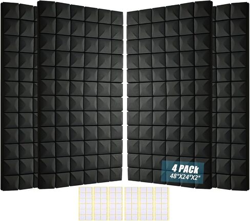 4 ألواح إسفنجية صوتية مقاس 48 بوصة × 24 بوصة × 2 بوصة - ألواح حائط رغوية عازلة للصوت عالية الكثافة لتقليل الضوضاء، وجدران الاستوديو، والمسرح المنزلي والمكتب (أسود 4 عبوات، 48 بوصة × 24 بوصة × 2 بوصة) in Kuwait