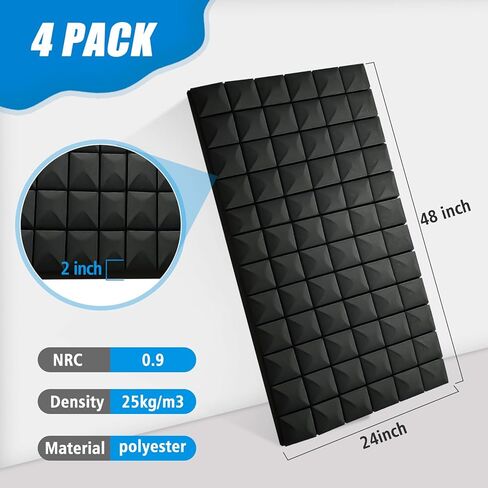 4 ألواح إسفنجية صوتية مقاس 48 بوصة × 24 بوصة × 2 بوصة - ألواح حائط رغوية عازلة للصوت عالية الكثافة لتقليل الضوضاء، وجدران الاستوديو، والمسرح المنزلي والمكتب (أسود 4 عبوات، 48 بوصة × 24 بوصة × 2 بوصة) in Kuwait