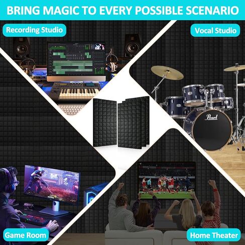 4 ألواح إسفنجية صوتية مقاس 48 بوصة × 24 بوصة × 2 بوصة - ألواح حائط رغوية عازلة للصوت عالية الكثافة لتقليل الضوضاء، وجدران الاستوديو، والمسرح المنزلي والمكتب (أسود 4 عبوات، 48 بوصة × 24 بوصة × 2 بوصة) in Kuwait